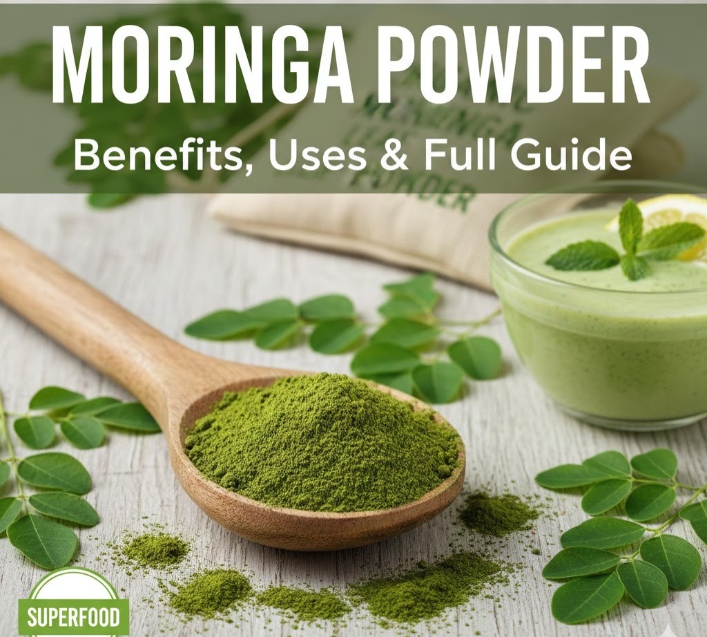 Organic Moringa Powder with green leaves on a wooden spoon"