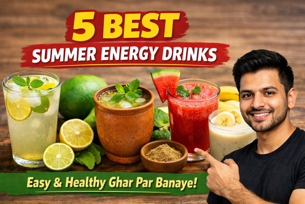 5 homemade energy drink for summer India including shikanji, aam panna, watermelon juice and banana drink made with natural energy drink ingredients at home for instant energy and hydration
